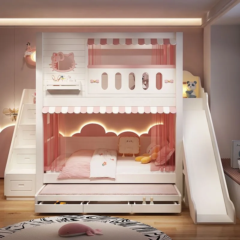 Modern Design Multi-functional Pink Children Use Twin Size Kids Wooden Bunk Beds With Stairs and Bookcase Children's Bunk Bed