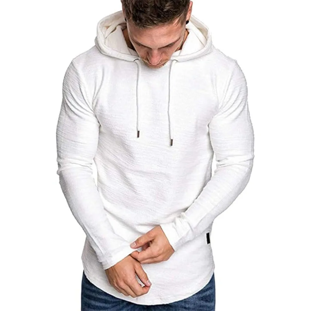 Herren-Langarm-T-Shirt mit Kapuze, Kordelzug, Baumwolle, lässig, gemütlich, einfarbig, schmale Passform, für Herren, Sport, Fitness, atmungsaktiv – Detail 22