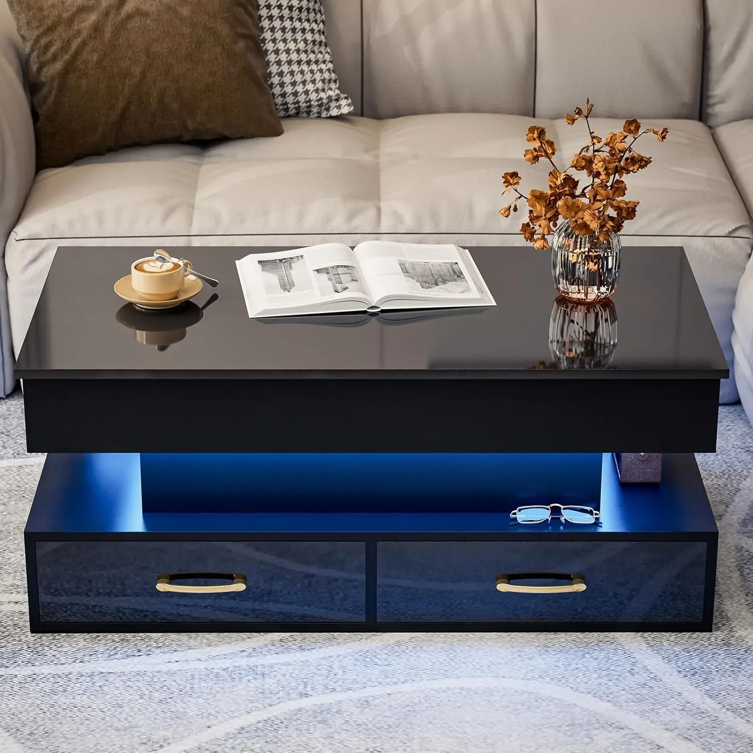 Modern Lift Top Coffee Table, High Glossy Coffee Table with 16 Colors LED Lights, Lift top Coffee Table with 2 Drawers