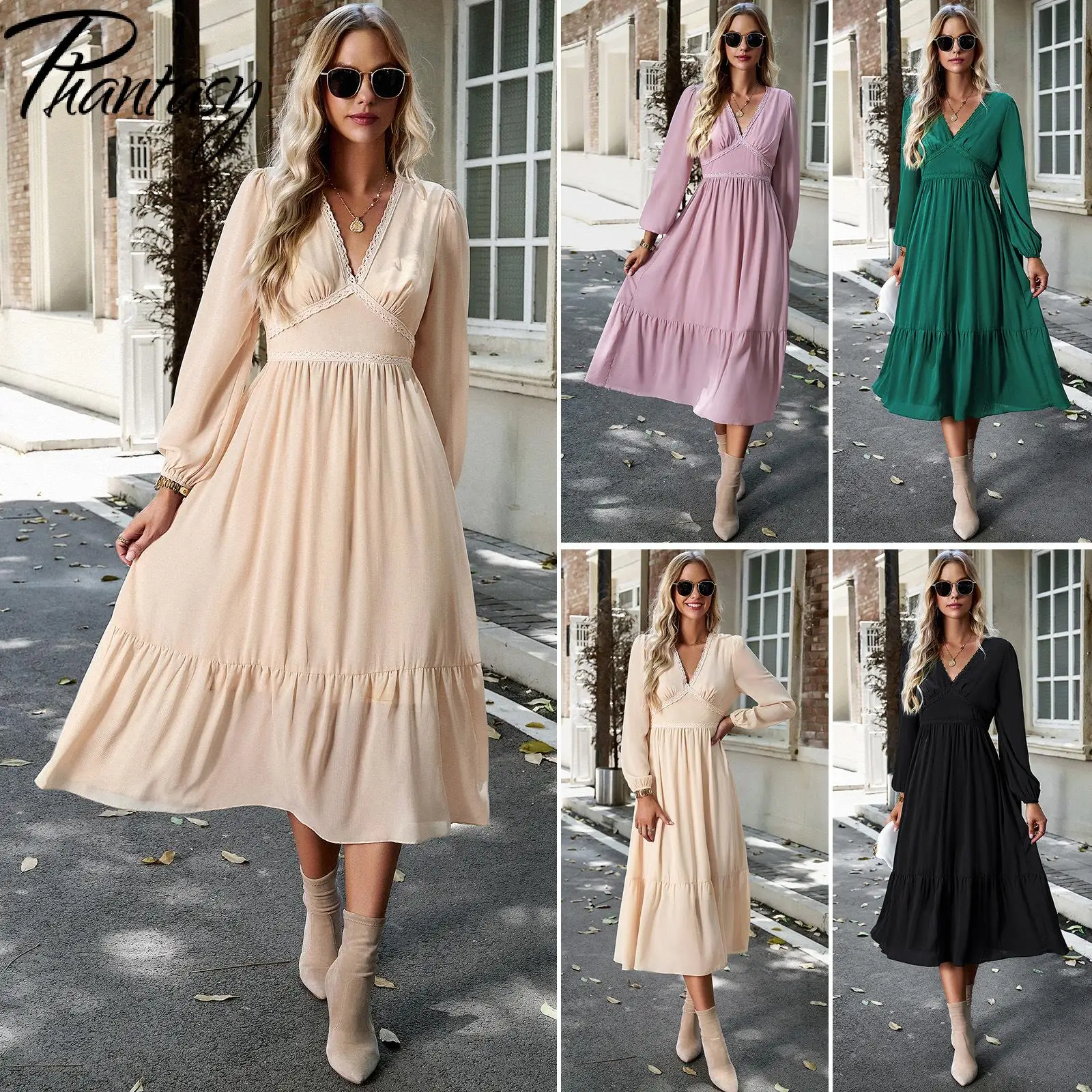 

Phantasy Office Lady Elegant Dresses Autumn Winter Commuter Puff Sleeve V-Neck Dress Fashion Solid Streetwear Sexy Slim Clothing