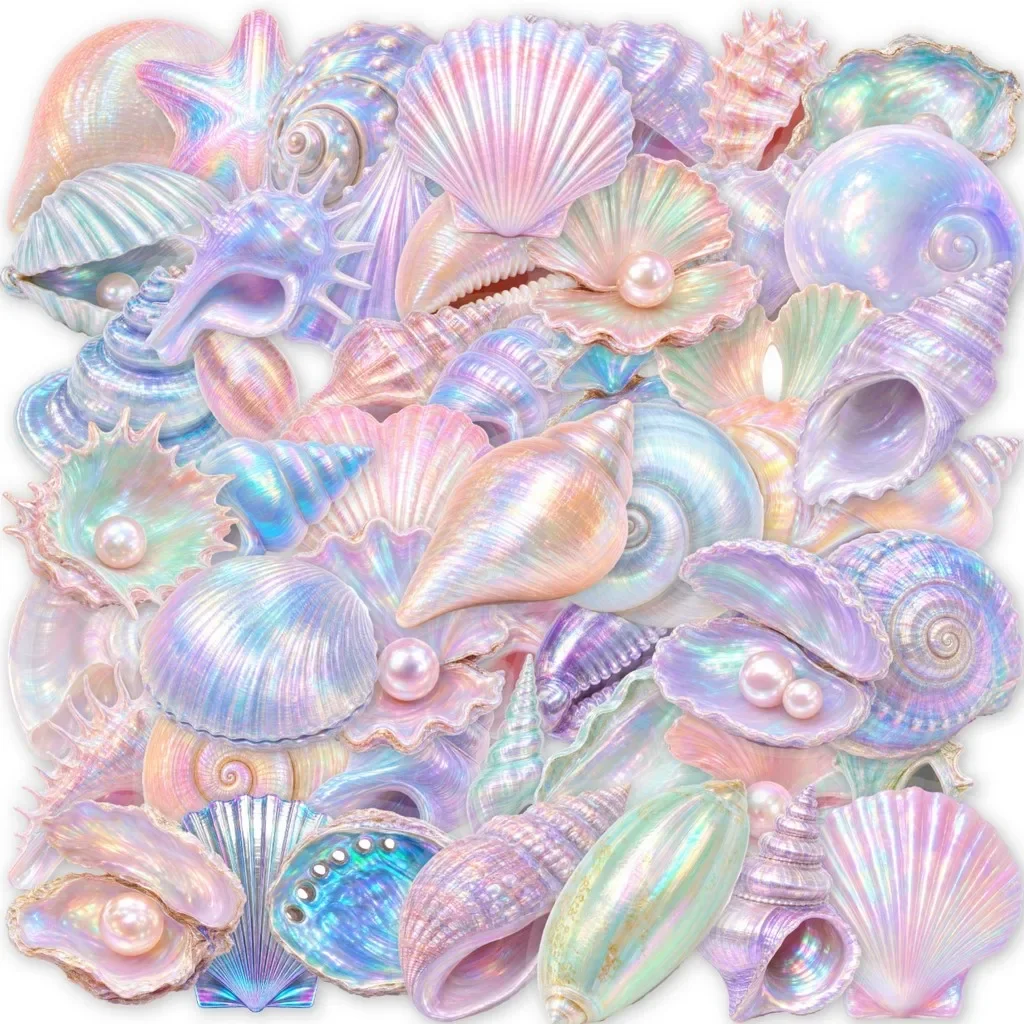 Rainbow Shimmer Shell Themed Sticker Pack 50 Sheets, Iridescent Holographic Effect Versatile Decor for AnimeWorlds Store