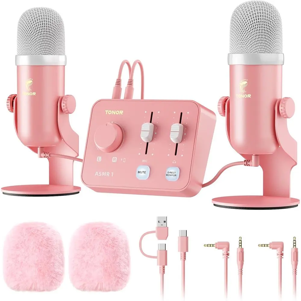 

Complete ASMR Microphone Kit with Audio Interface, 3D Stereo Sound, Dual Mic Setup, Volume Control, and Wind Screen, Pink