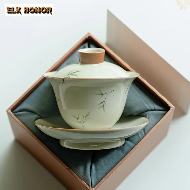 145ml Hand-painted Bamboo Cover Bowl Household Anti Scald Gaiwan Handmade Tea Tureen Tea Making Tea Cup Tea Items Ornaments