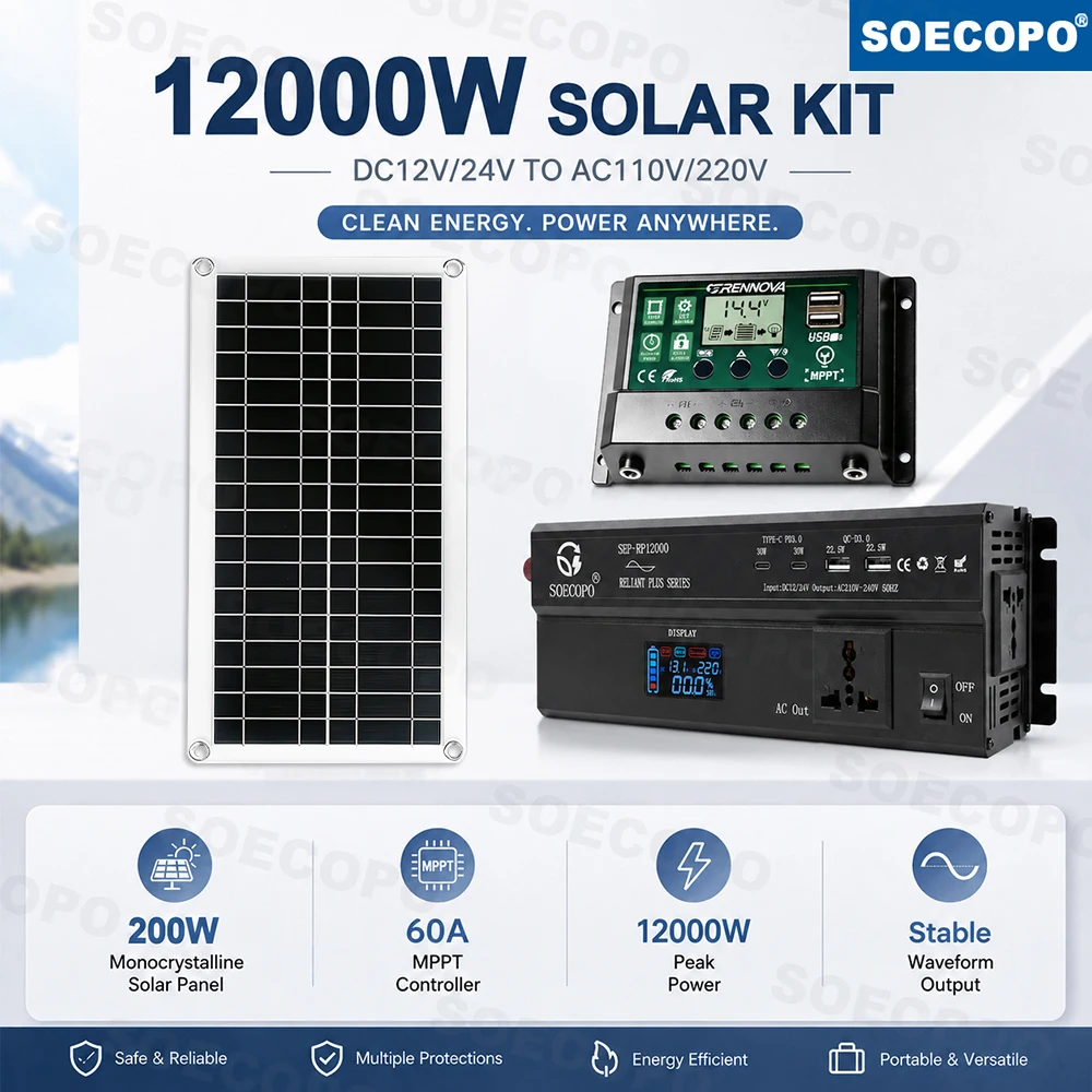 Off Grid Solar Kit - 12000W Peak Solar-Kit 200W Monokristallines Panel