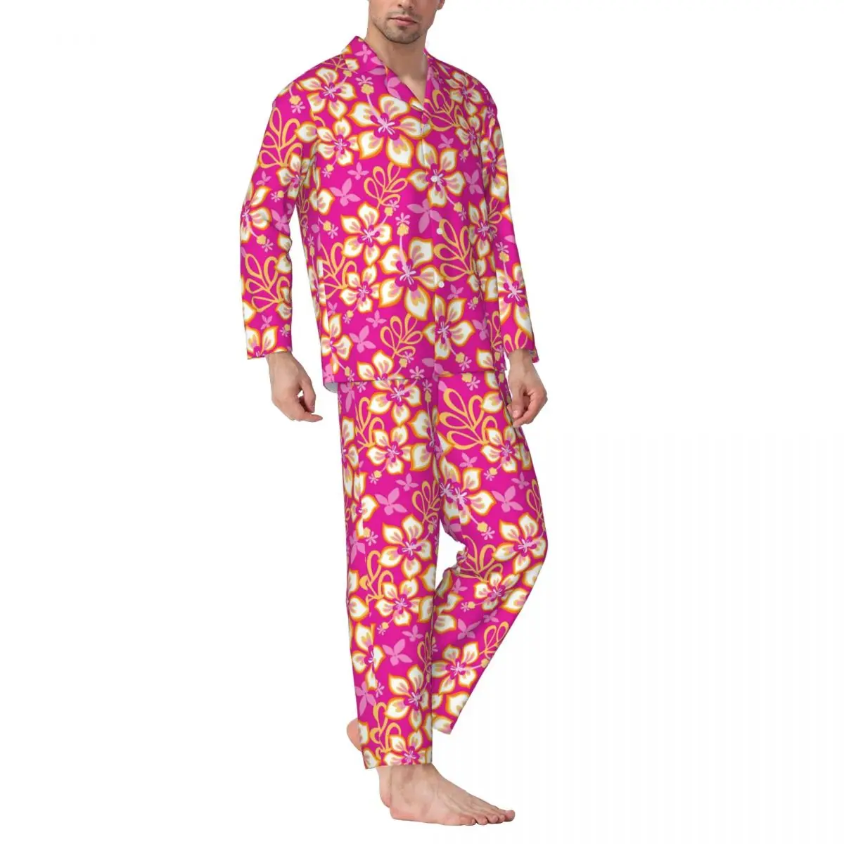 Tropical Floral Pajamas Mens Pink Flowers Cute Sleep Nightwear Spring 2 Piece Casual Oversized Design Home Suit