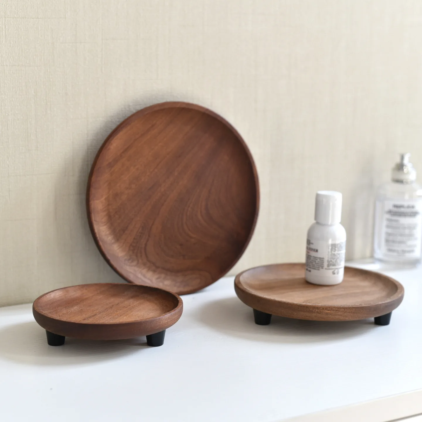 Whole Wood Round Storage Tray,Natural Wooden Decor Display Plate,Multi-Purpose Desktop Organizer for Cosmetics,Jewelry,Candles
