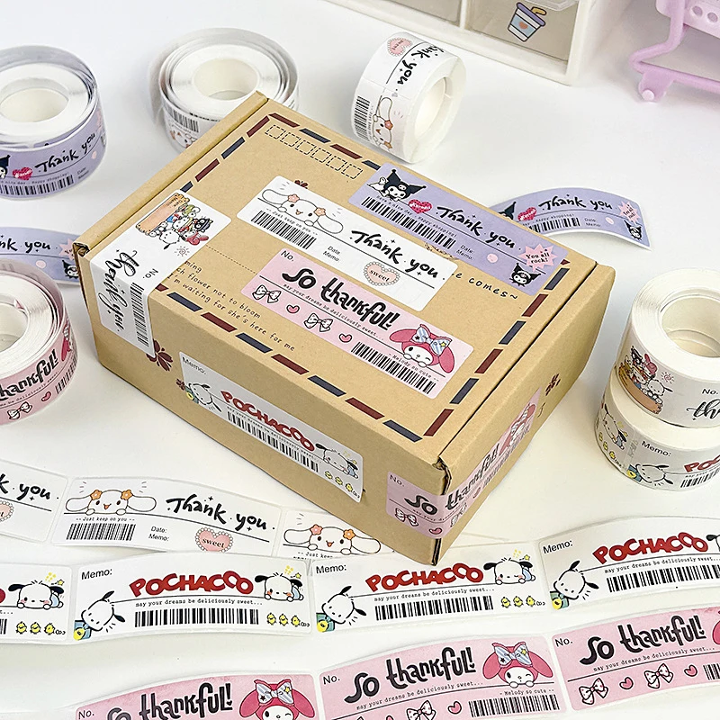 120 sztuk/rolka DIY dekoracje Sanrio naklejka na paragon Cartoon pieczęć naklejka śliczne Kuromi Melody Cinnamoroll Bill klej uszczelniający wiatr