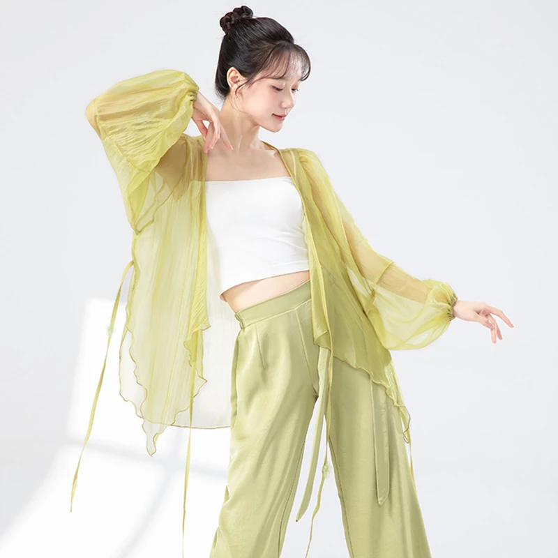 Classical Dance Costume Top Women Long Puff Sleeve Cardigan Guaze Shirt Tied Side Loose Tops Flowy Chinese Lyrical Stage Blouse