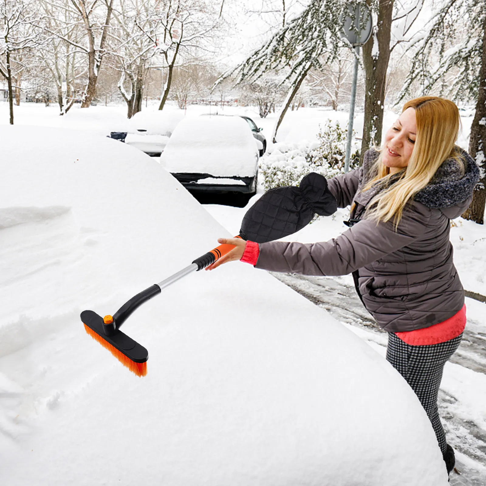 2-in-1 Car Snow Shovel Ice Scraper with Sturdy Brush for Windshield Rear Side Windows Snow Removal Winter Driving
