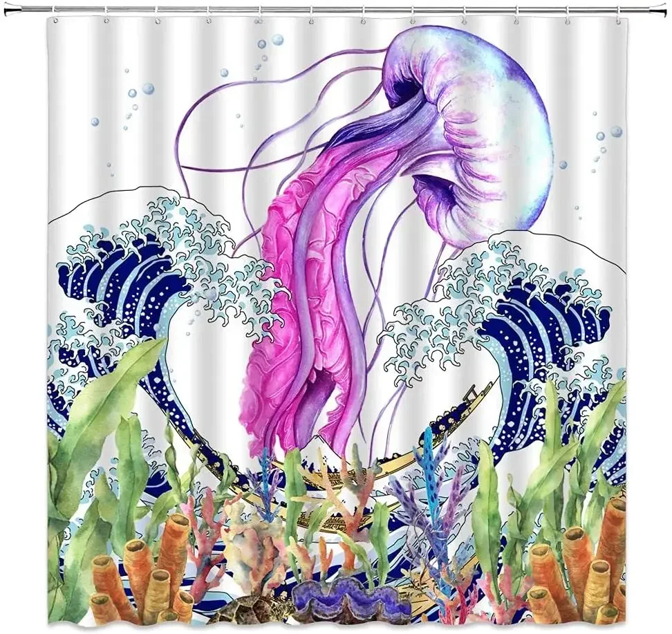 Jellyfish Shower Curtain Ocean Watercolor Great Wave Tropical Nautical Seaweed Coral Animal Sea Blue Purple Bathroom Decor Hooks