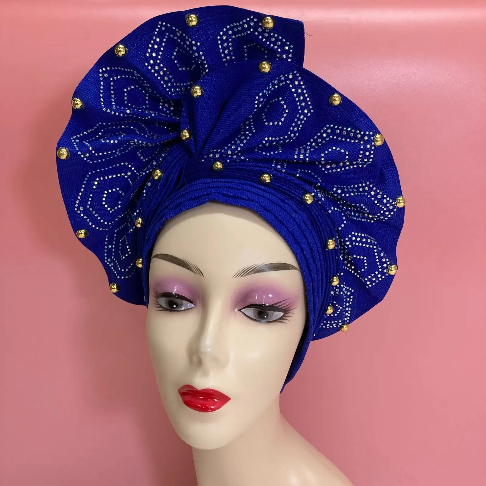 

Blue Fashion Aso Oke Gele Headties With Beads And Stones High Quality Atiku Fabric Made Headtie Turban for Party Z1112-2