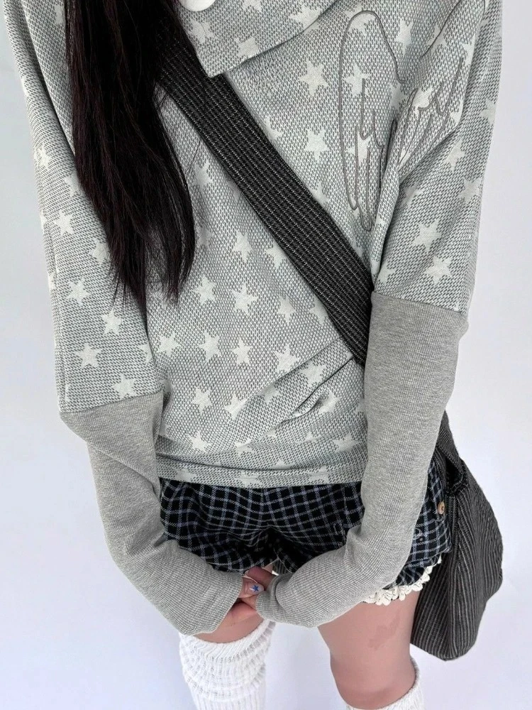 Harajuku Vintage Star Print Hoodie Frauen Casual Lose 2000er Jahre Subkultur Shirts Y2k Ästhetische Batwing Hülse Streetwear Sweatshirt