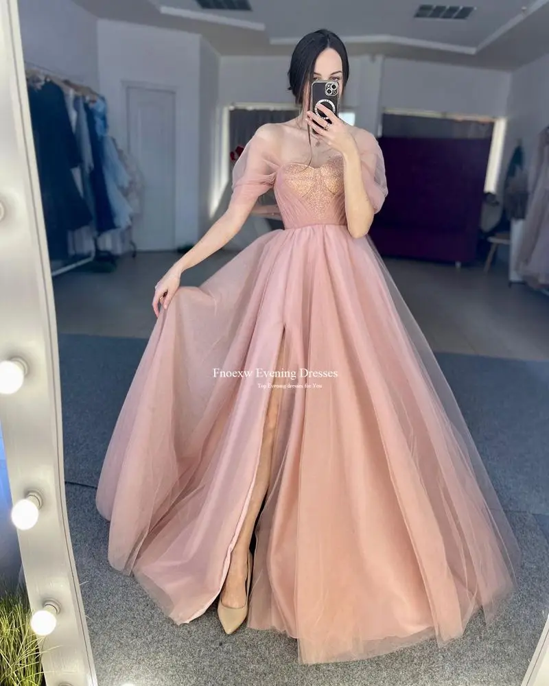 Fnoexw Luxury Sweetheart Tulle Evening Dress Women Formal Prom Party Gown Women Glitter Squined Short Sleeves Galadress Vestidos