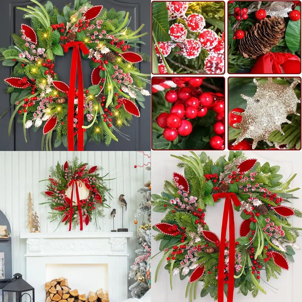 

Pre-lit 24 Inch Christmas Wreath with Pine Needles, Cones, and Berries - Outdoor Farmhouse Style Door Decoration
