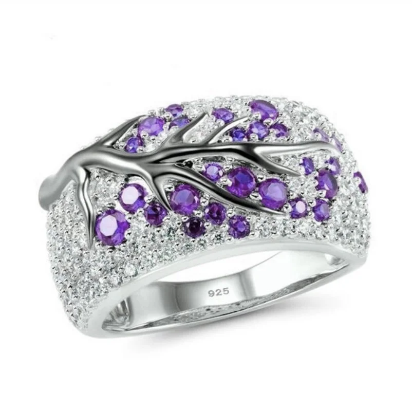 S925 Silver Plated Plum Blossom Ring for Women Classic Stainless Steel Diamond Inlay Oil Drawing Lady's Jewelry Size 6-11
