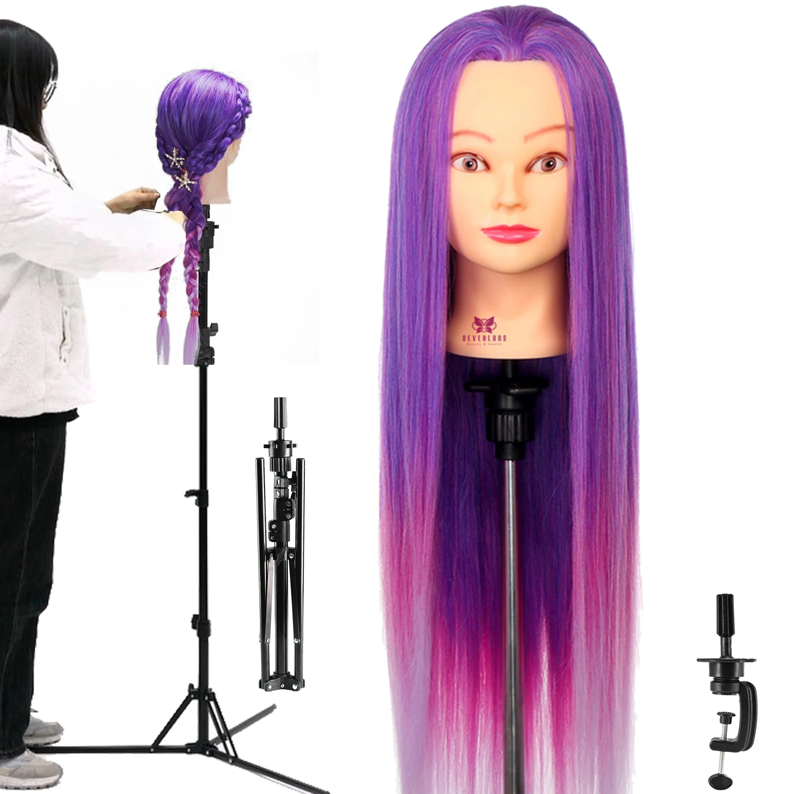 カラフルな長い厚手のヘアマネキンヘッド、プロの理髪人形ヘッド、120cm三脚、紫、28-、71cm