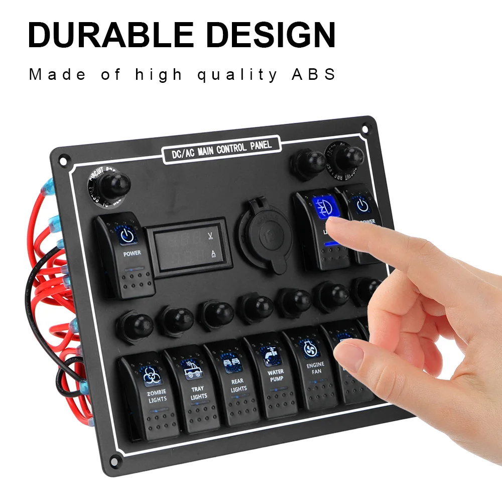 Rocker Switch Panel 10 Gang Car Auto Marine Overload Protection 15A DC Output Dual Power Control LED AC/DC Waterproof