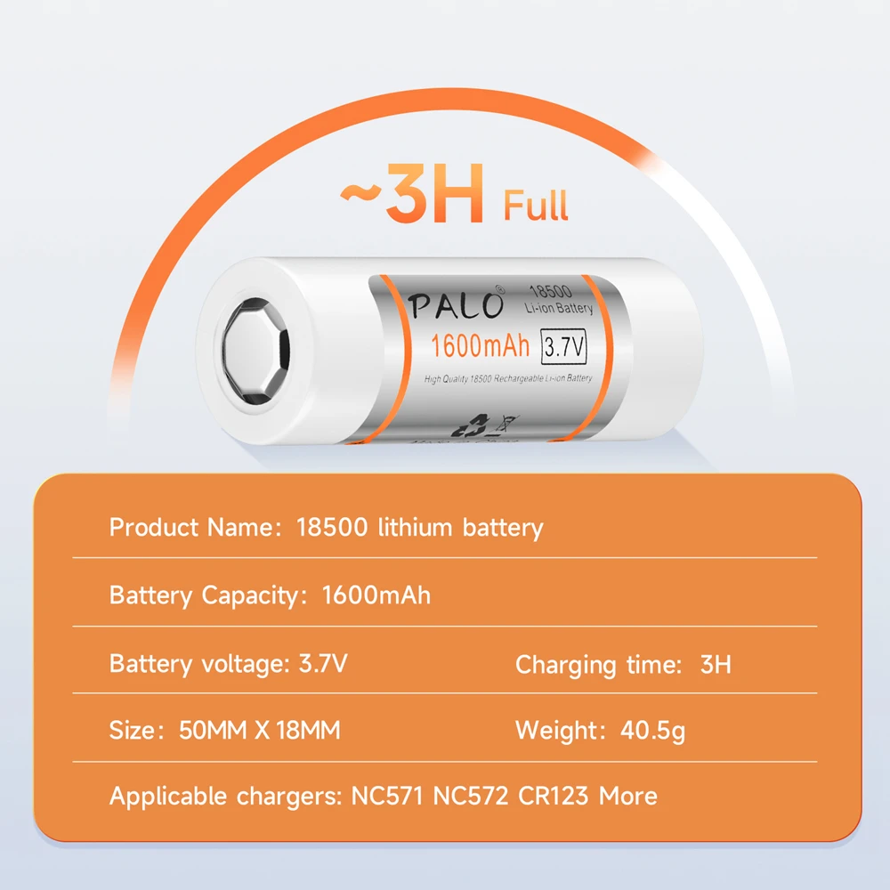 PALO 18500 Battery 3.7V 1600mAh 18500 Recarregavel Lithium Li-ion Batteies For LED Flashlight Headlight Toy with Charger