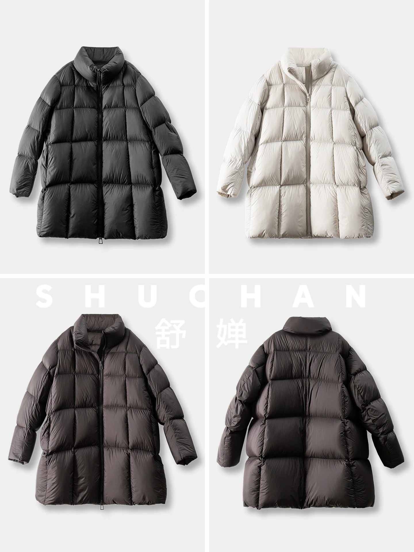 Kurtka puchowa damska z wysokim kołnierzem, wypełniona białym puchem gęstym, model 10J1 Casacas Para Mujer Invierno 2025