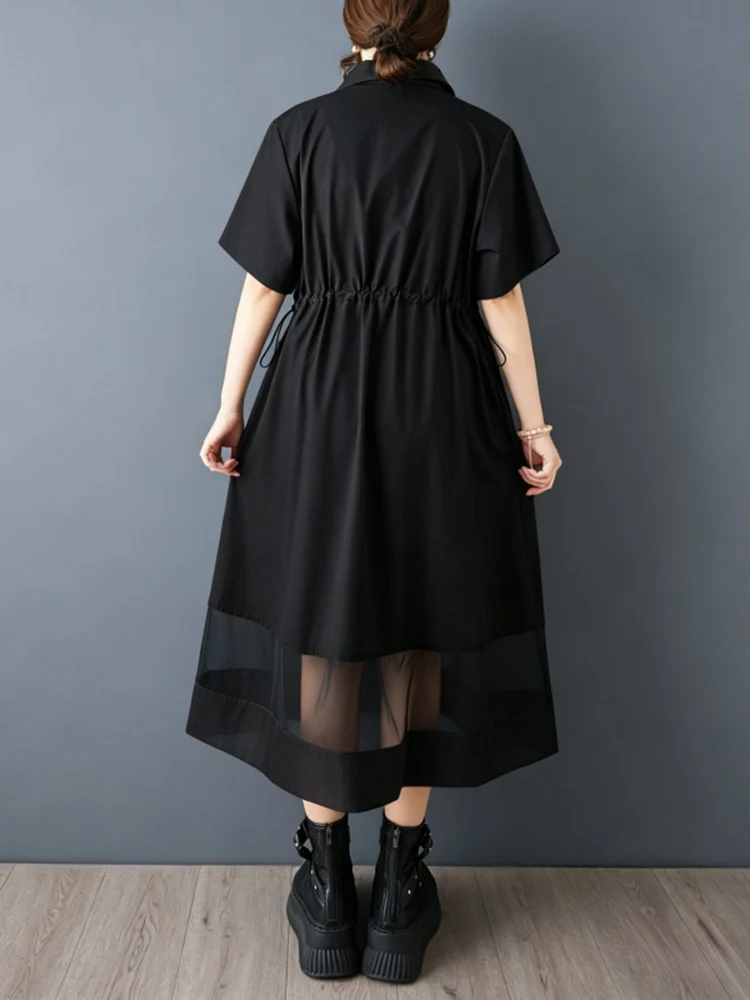 2026 Summer New Mesh Patchwork Shirt Dresses For Women Drawstring Short Sleeve Casual Loose Midi Dress Fashion Elegant Clothing