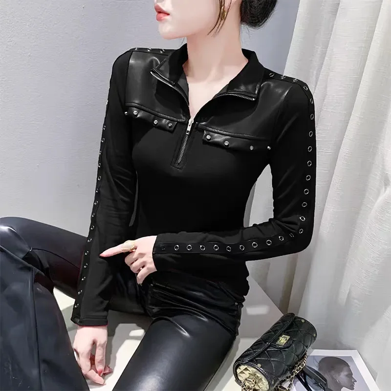 Mode PU Leder Patchwork Revers Langarm Hemd Bluse frauen 2026 Neue Frühling Herbst Schlank Nagel Perle Half-zip Strickjacke Top
