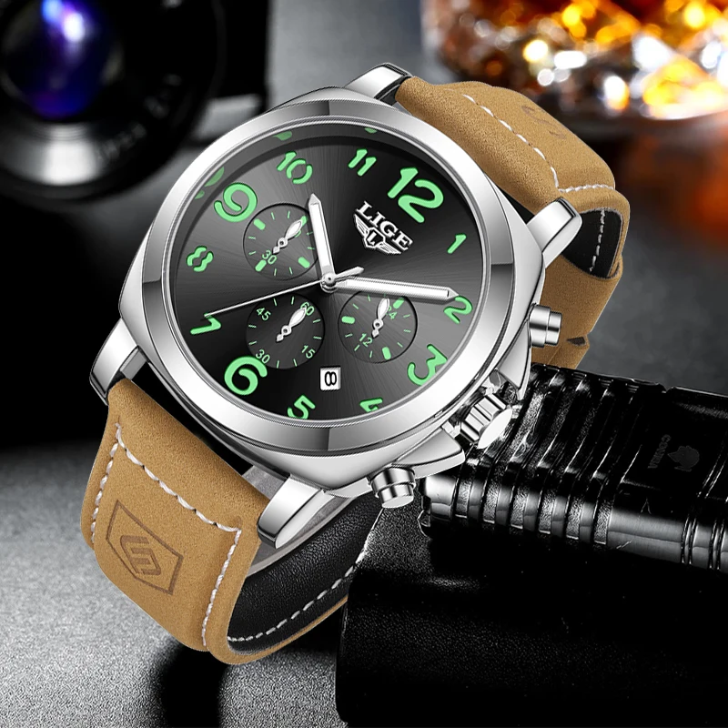 LIGE Retro Outdoor Quartz Man Watch Fashion Casual Sport Leather Strap Waterproof Luminous Auto Date Watches for Men Male Clocks