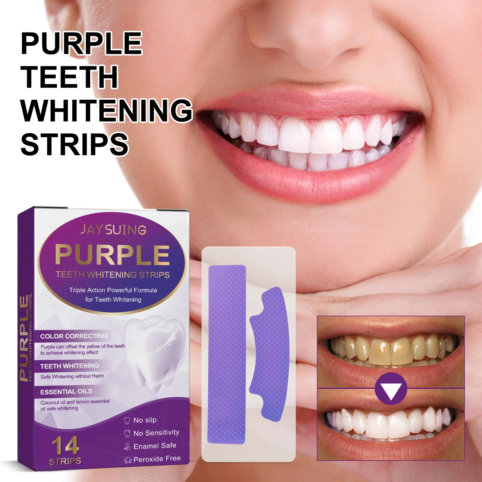 14pcs/box Teeth Bleaching Strip Purple Dental Cleaning Whitener Veneers Oral Hygiene Care Brightening Tooth Whitening Gel Strips