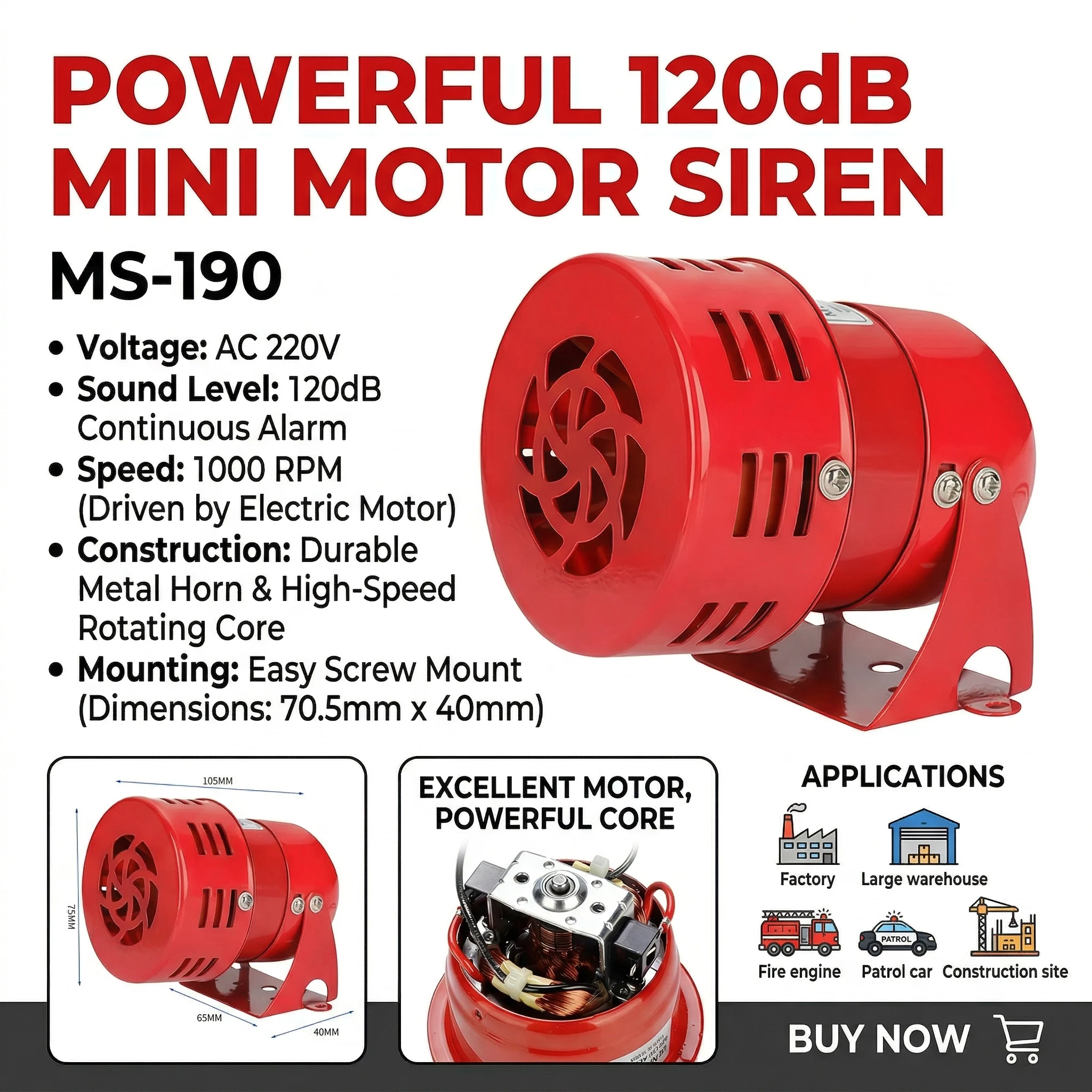 120dB Motor Siren MS-190, 220V Industrial Alarm Siren with Metal Housing,High Power Sound Warning Alarm for Factory and Workshop