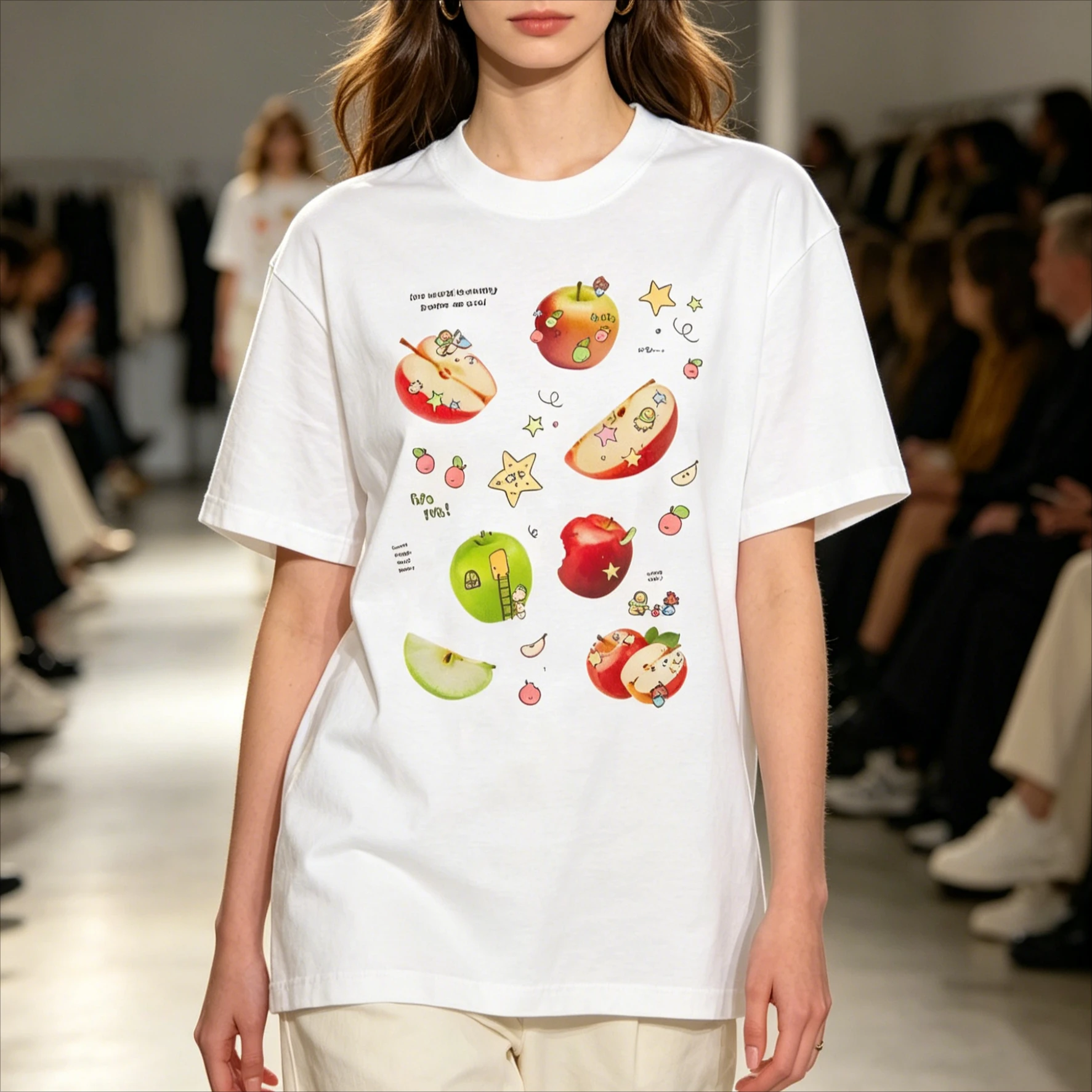 Y2K Japanese Cute Apple Star Print Cotton T-Shirt Sweet Casual Loose Short Sleeve Graphic Tee Oversized White Summer Tops Women
