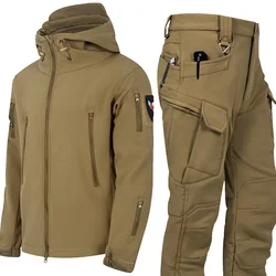 Men Winter Tactical Fishing Hooded Jackets Pants Suit Camping Hiking Hunting Trousers Windproof Elastic Softshell Warm Oversized