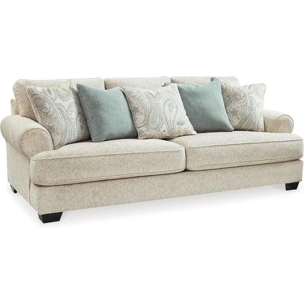 

Vintage Sofa with Accent Pillows, Reversible Cushions, Rolled Arms, Beige