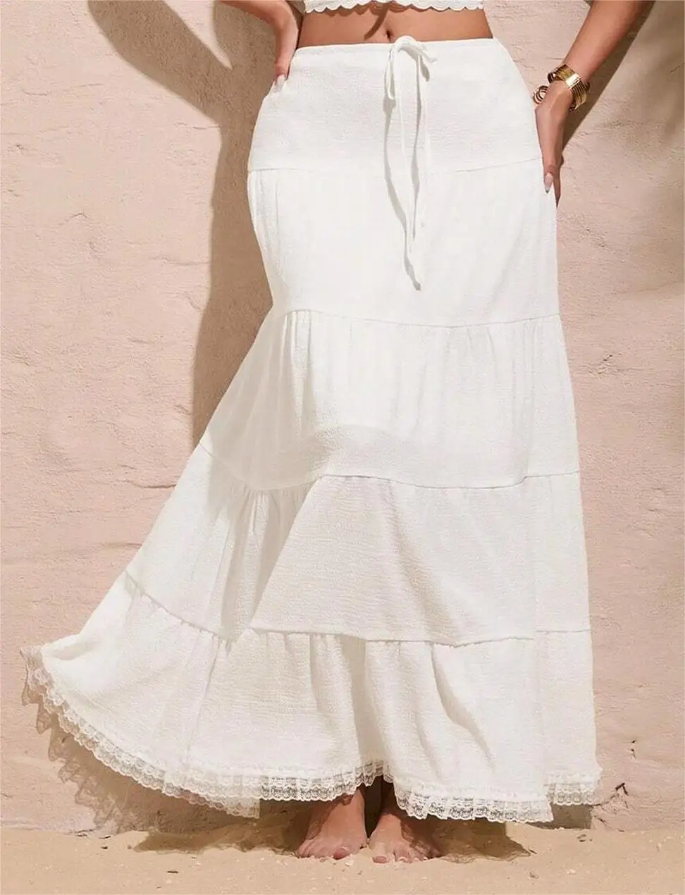 Women's White Drawstring Layered Cake Half-length Skirt High-waisted Loose And Fluffy with Breathable Texture Lace Hemline Bohem