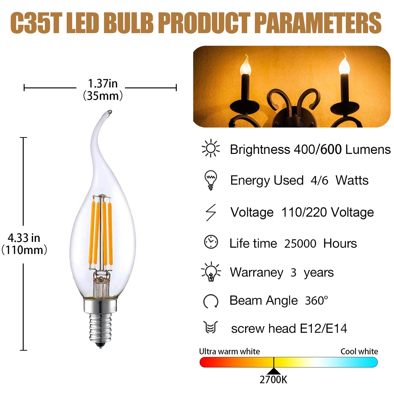 C35T E14 Led Light Bulbs E12 110V 220V Filament Candle Lights 4W 6W Chandeliers Replacement Ceiling Lamp Vintage Decoration Home