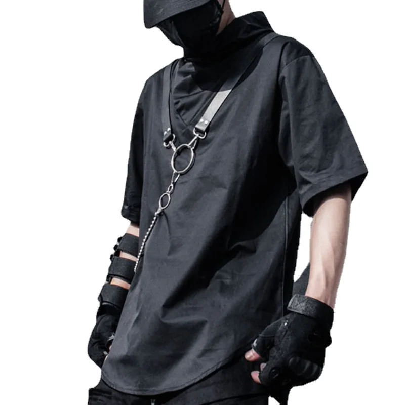 

Designer Yamamoto Style Dark Personality Turtleneck Loose Men's Short-Sleeved T-shirt Clothes Woman Techwear with Chain