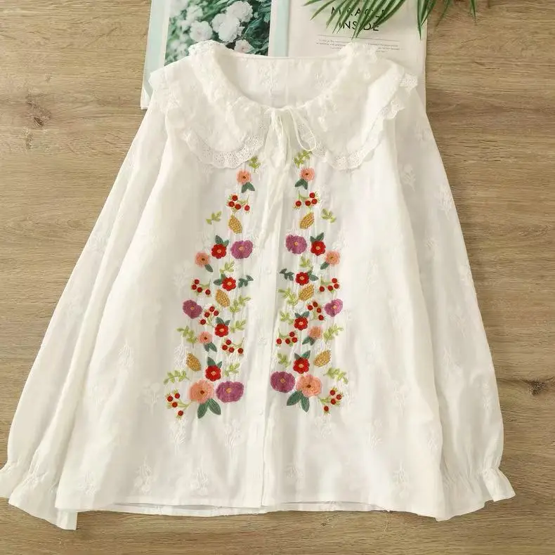 2026 Mori kei clothing Japanese style lace peter pan collar flower embroidered white beige shirts blouses lolita princess tops