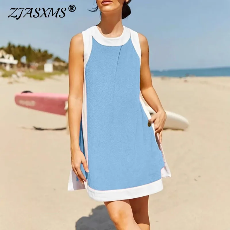 

Повседневный лоскутный комплект из двух предметов без рукавов для летних каникул, женский наряд с круглым вырезом, элегантные свободные карманы, длинные топы и шорты, костюмы