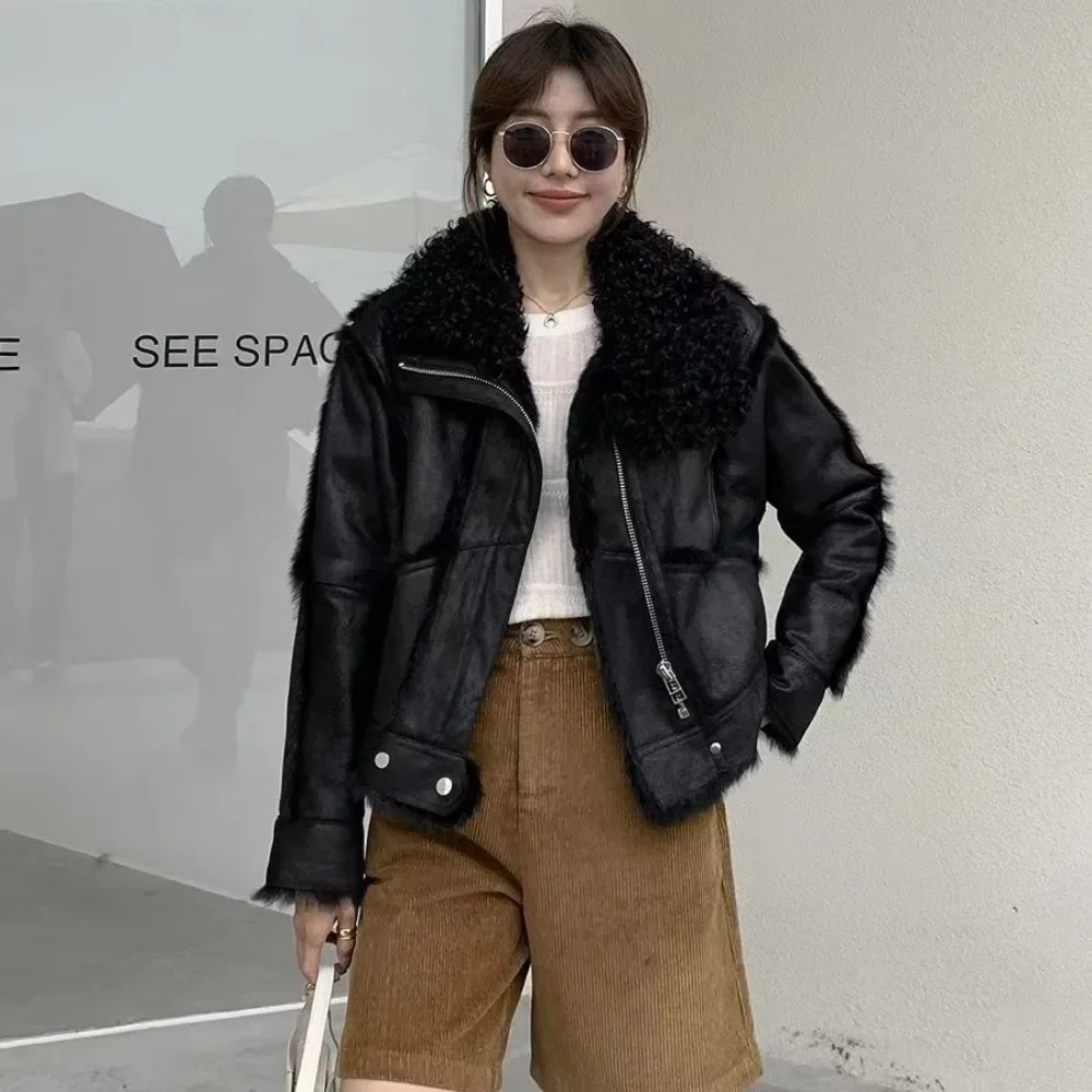OFTBUY Winter Jacket Women Spring and Autumn Short Fur Sheepskin Jacket Tanned Suede Fabric Natural Rabbit Lining Luxury Fashion
