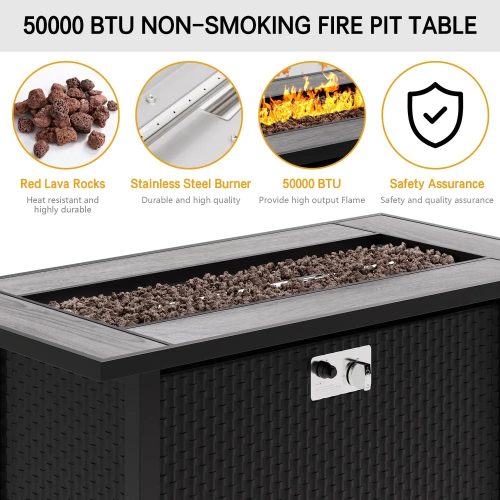 45in Fire Table, Propane Fire Pit with Red Lava Rocks and Rain Cover, Outdoor Firepit Table with Tile Top 50000 BTU