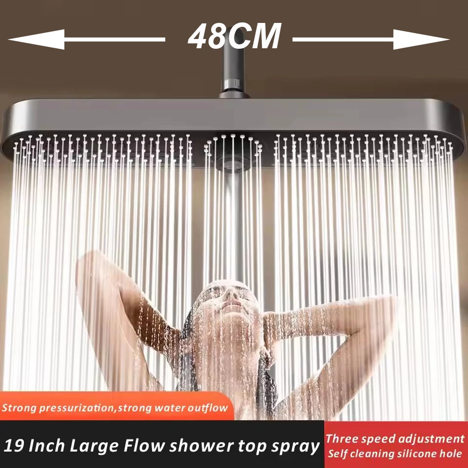 

New 19 Inch High Pressure 3 Mode Rainfall Shower Head Luxury Anti-Clogging Silicone Nozzles Water Saving Bathroom Shower Head