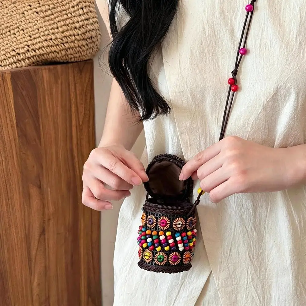 Vintage Wooden Bead Crossbody Bag Flower Beaded Accent Bohemian Shoulder Bag Mini Summer Weave Bag Women