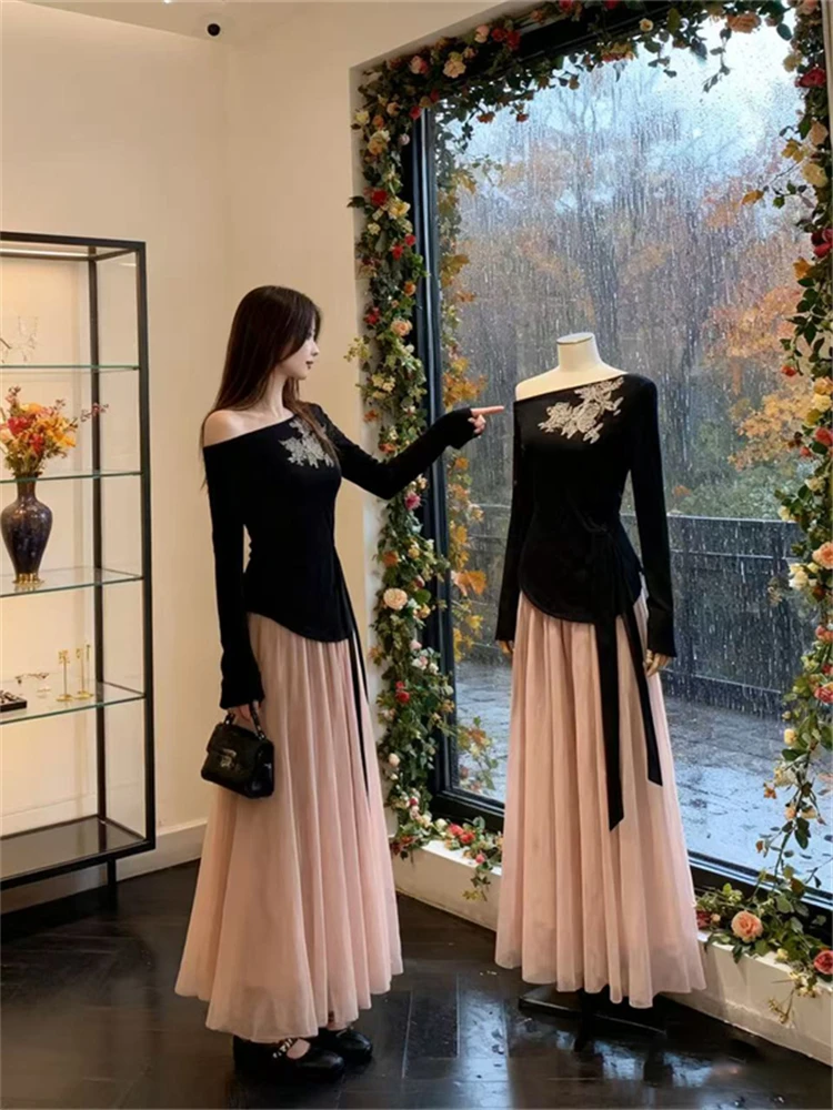 

Ele Sle Two-Piece Set Irregular oulder Bridesmaid Dr Autumn Faion High Waist Long Pants V-Ne Midi Skirt