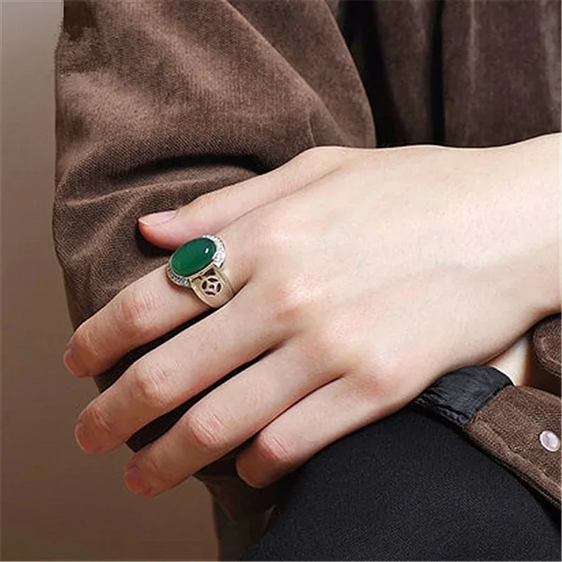 Natural Green Chalcedony Hand Carved Jade Ring Fashion Boutique Jewelry Men's and Women's Agate Opening Adjustable Ring Gift 6