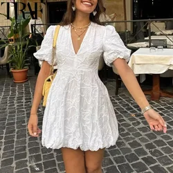 TRAF Embroidery White Dresses Women Short Sleeve Puff Mini Dress Woman Summer Elegant Party Dresses Fashion V Neck Short Dresses