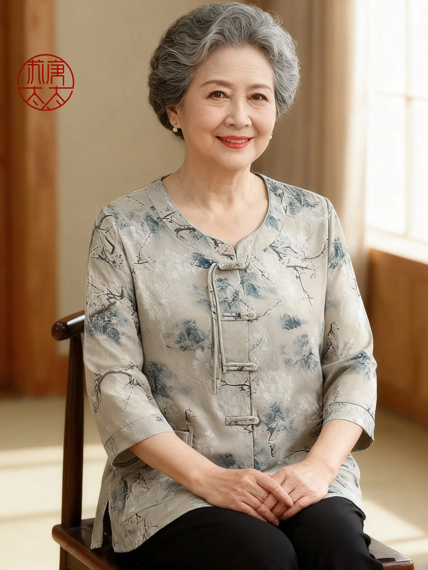 

Spring Chinese Sle Women's plus Size irt Seven-Quarter Sve Flird Print Loose Fit Button up Casual Top for ly