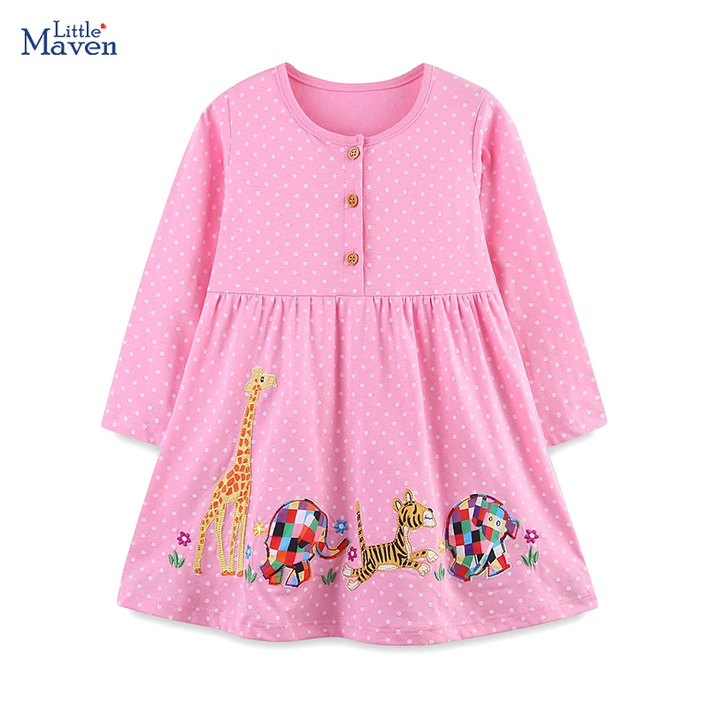 Little maven Children\'s Clothing Baby Girls Kids Clothes 2024 Autumn Spring Cotton Fall Long Sleeves Cartoon Animals Dresses