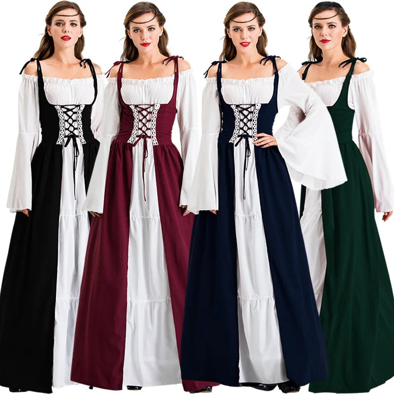 

Women Cosplay Medieval Dress European Retro Dress With Tie-Up Waist Gown Adult Princess Drama Stage Performance Costume
