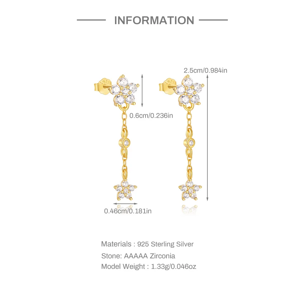 CANNER Long Tassel Pentagonal Flower Simple Zircon 925 Sterling Silver Drop Earrings For Women Ins Minimalism Earrings Jewelry