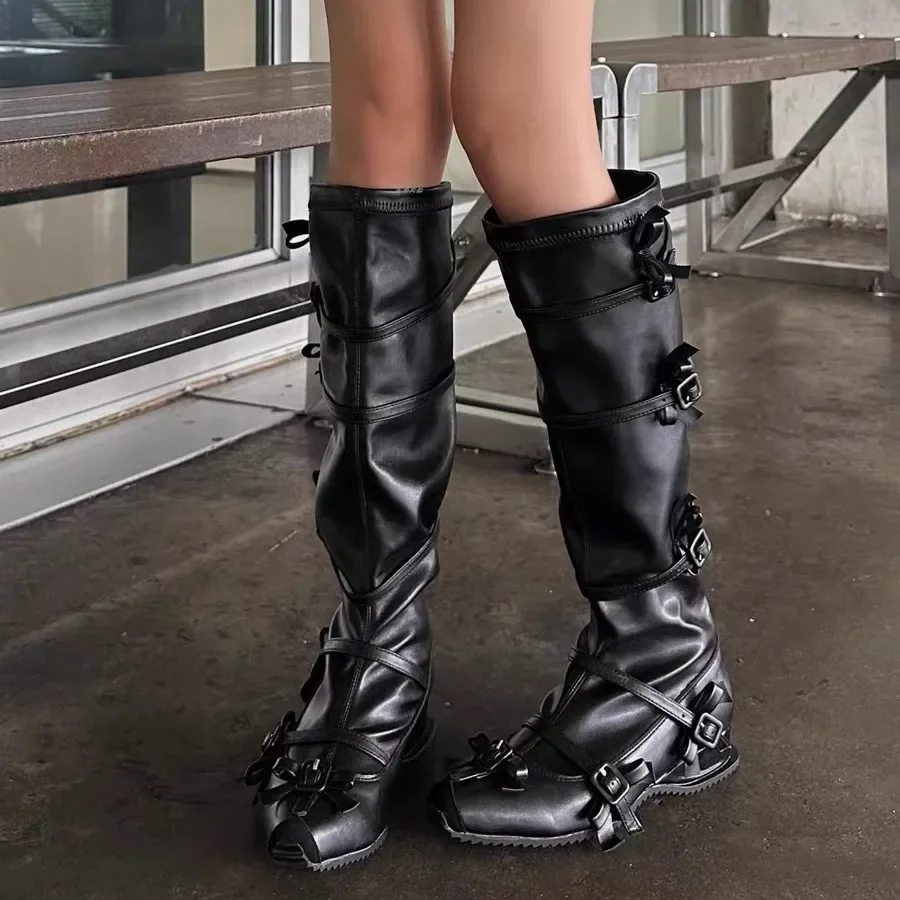 

Flower Bow Tie Tied Long Boots with Thick Sole for Slimming Effect, Tall Tube Boots, Street Motorcycle Style Boots
