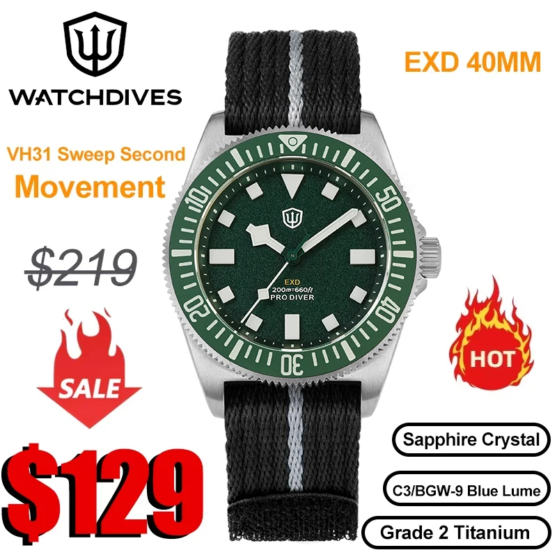 Watchdives EXD V2 40mm Vintag Watch VH31 Sweep Second Movement Sapphire Crystal BGW9 Luminous 20Bar Waterproof Titanium Watches