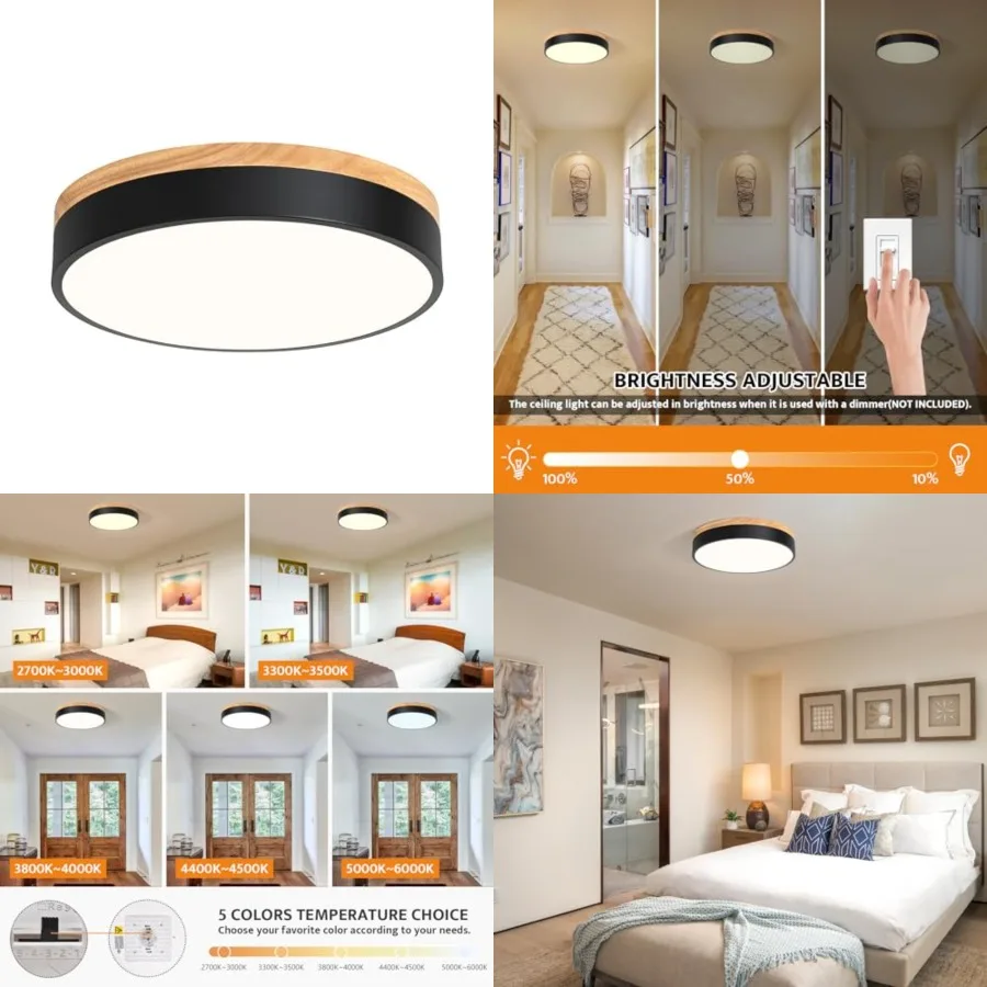 Dimmable Wood LED Flush Mount Ceiling Light, 5CCT 2700K-6000K Modern Black Close to Ceiling Lighting Fixtures, Minimalist Round